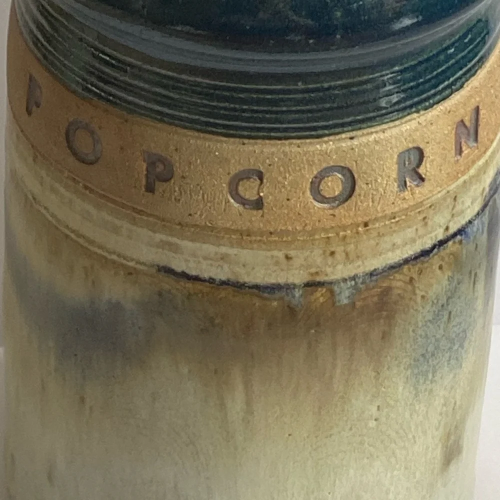 Hand Made 1989 Stoneware Pottery Container POPCORN Crock Signed Bob Huskins